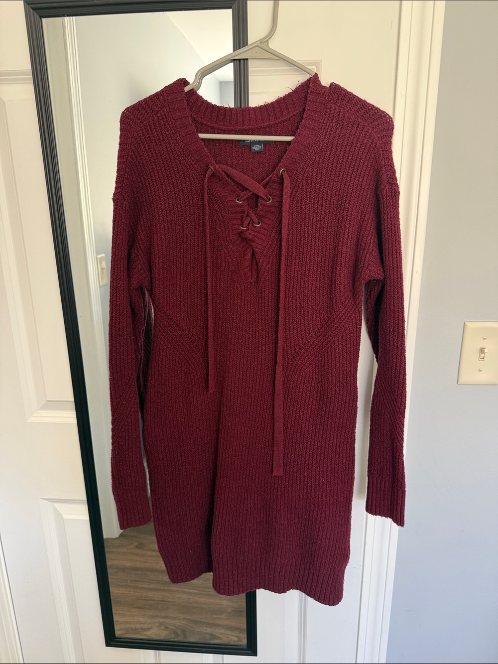 American Eagle Outfitters Women's Long Sleeve Lace-Up Sweater Dress - Burgundy